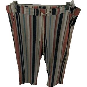 Dash Pants L Linen Blends Multicolor Stripes Drawstring Crop Resort Beach